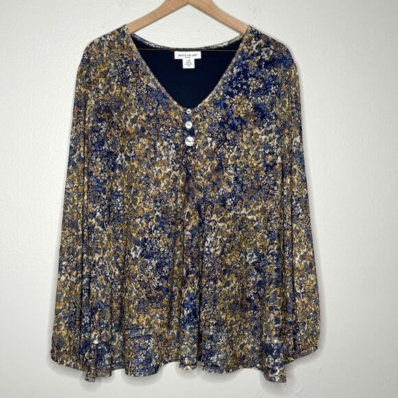 Skye's The Limit Womens Peasant Blouse 1X Blue Brown Floral Tiered Balloon Boho‎ - Picture 1 of 11